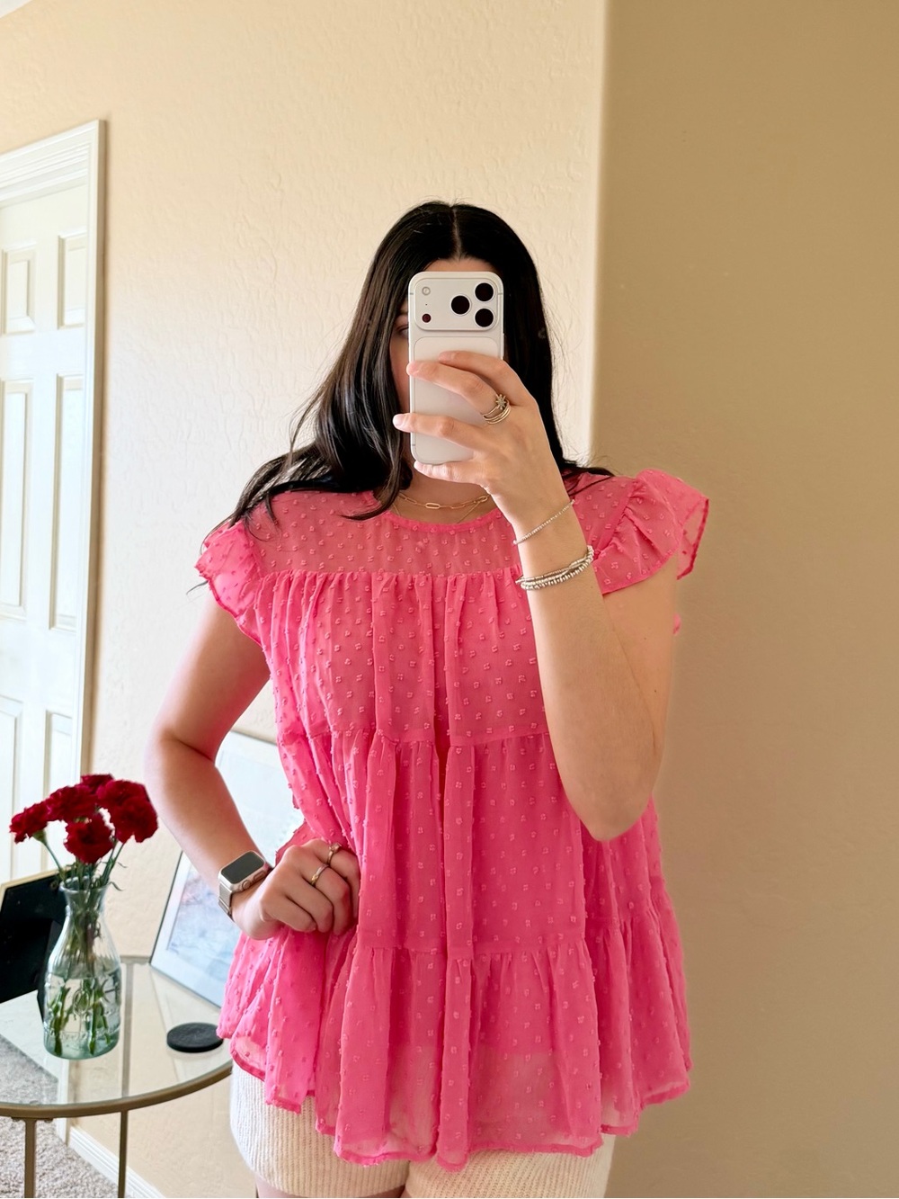 Entro Pink Swiss Dot Ruffle Babydoll Blouse